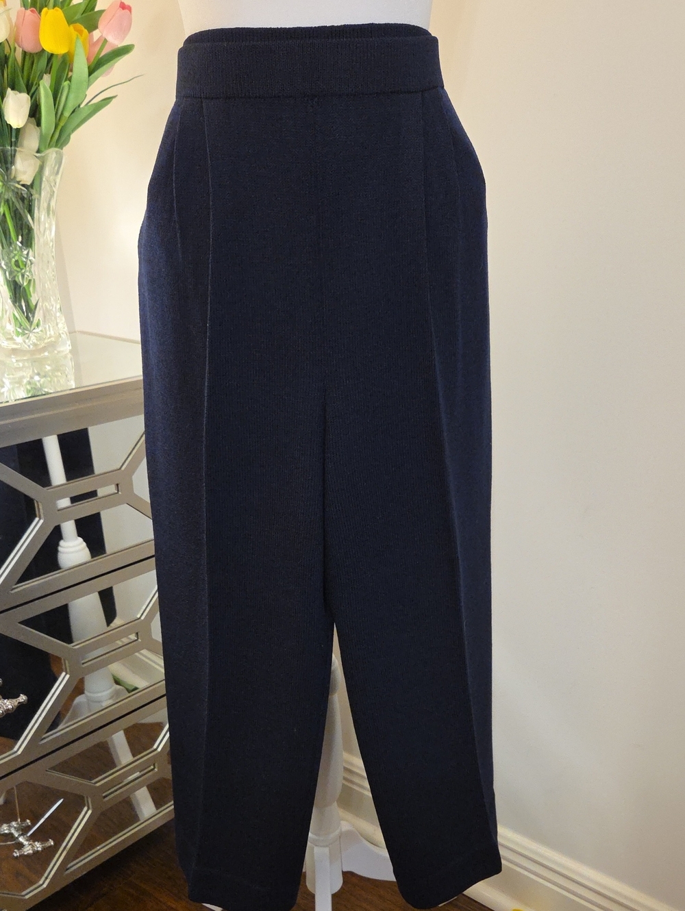High-Rise Navy Cropped Wide-Leg Pants
